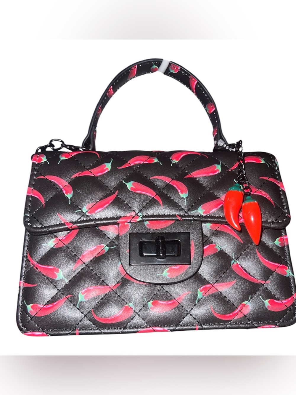 Black Quilted Chili-Print Top Handle Bag